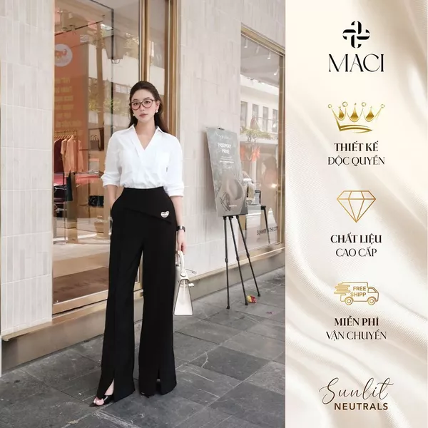 Quần Suông Xẻ Tà Vạt Yếm Cách Điệu Chất Liệu Chéo Ý Cao Cấp MACI MCQQTDE0156 Thời Trang Nữ Thiết Kế Độc Quyền