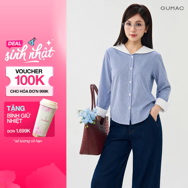 Áo Sơ Mi Nữ GUMAC Sọc Kẻ Form Suông Cổ Thủy Thủ Phối Trắng Tay Dài Măng Sét Bản To Hiện Đại LAG07050