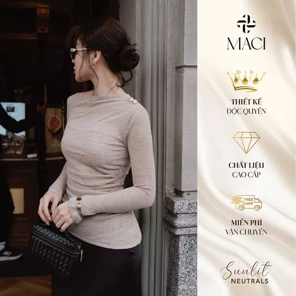 Áo Len Tằm Thiết Kế Nhún Eo Lệch Màu Be Nude MACI MCAADBE0259 Thời Trang Nữ Thiết Kế Độc Quyền