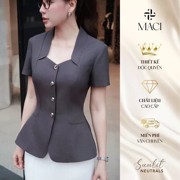 Áo Kí Giả Cổ Ve Cách Điệu Khuy Titan Trang Trí Chất Kate Ý MACI MCAABXD0355 Thời Trang Nữ Thiết Kế