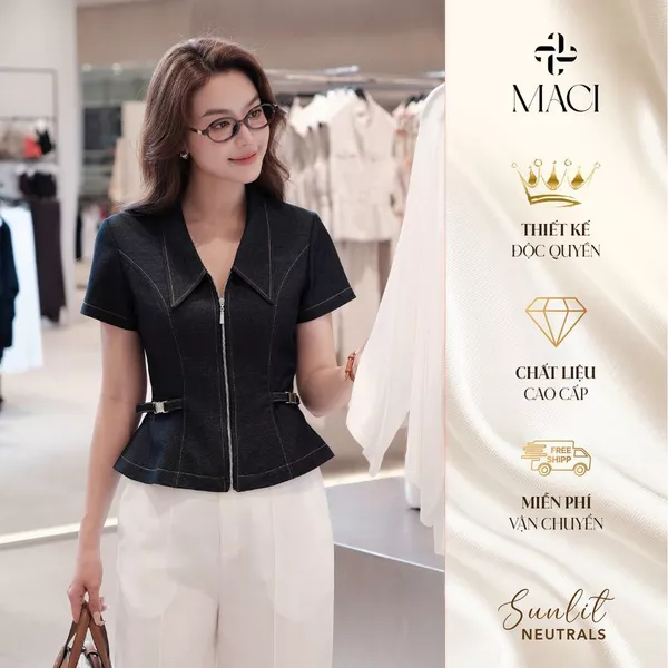 Áo Denim Khoá Đồng Cổ Nhạn Diễu Chỉ MACI MCAABXD0365 Thời Trang Nữ Thiết Kế Độc Quyền