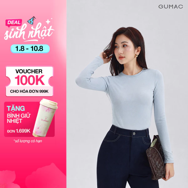 Áo Thun Nữ GUMAC Form Ôm Tay Dài Cổ Tròn Viền Nẹp Tinh Tế Nữ Tính LATG05057