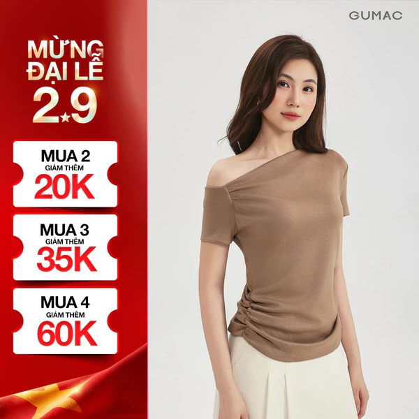 Áo Thun Nữ GUMAC Áo Kiểu Lệch Vai Form Slim Ôm Nhún Eo Chất Thun Mịn Co Giãn Tôn Dáng ATF03031