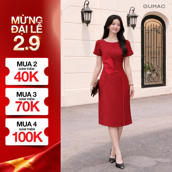 Đầm Nữ Form A GUMAC Cổ Thuyền Tay Cánh Hồng Cách Điệu Chất Bố 2 Lớp Thanh Lịch LDF1008