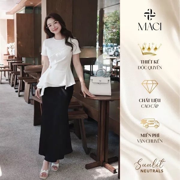 Áo Peplum Tà Rũ Cách Điệu Chất Kếp Dệt Màu Kem MACI MCAATTR0331 Thời Trang Nữ Thiết Kế Độc Quyền