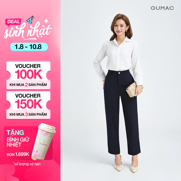 [NHẬP MÃ AFF3A5 GIẢM 60K] Quần Tây Nữ Ống Đứng 91cm GUMAC Quần Baggy Công Sở Lưng Cao Cài Khuy Chất Tuyết Mưa LQE0819