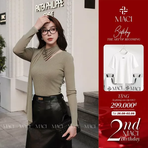 Áo Thun Tằm 2 Lớp Thiết Kế Cổ Drape Màu Xanh Olive MACI MCAATRE0233 Thời Trang Nữ Thiết Kế Độc Quyền