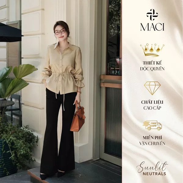 Áo Sơ Mi Thô Tằm Dây Rút Eo Tay Bo Chun Thanh Lịch MACI MCASMBE0180 Thời Trang Nữ Thiết Kế Độc Quyền