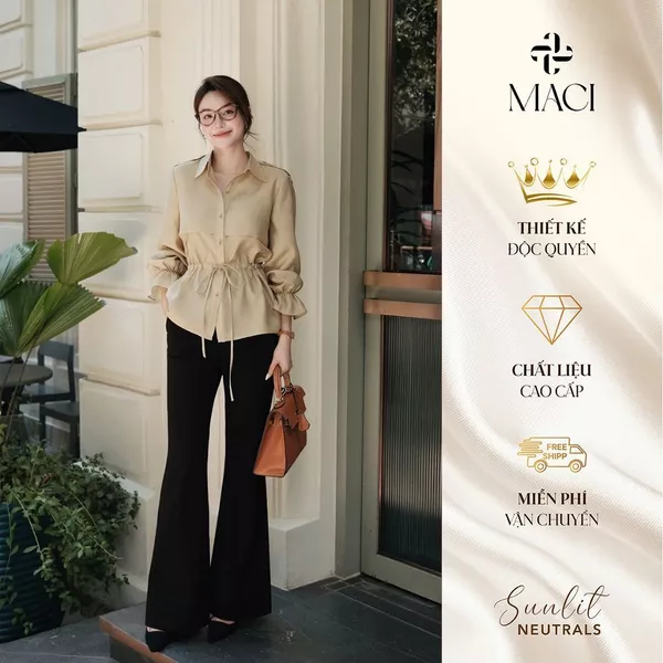 Áo Sơ Mi Thô Tằm Dây Rút Eo Tay Bo Chun Thanh Lịch MACI MCASMBE0180 Thời Trang Nữ Thiết Kế Độc Quyền