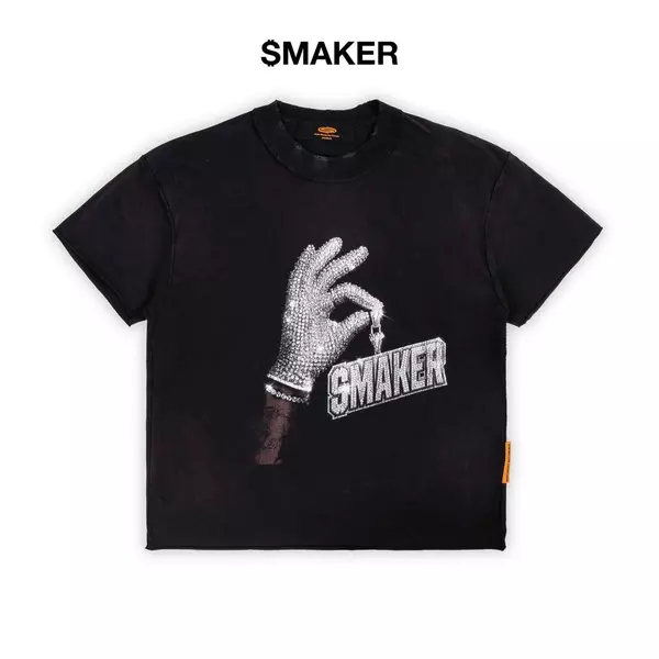 [SMAKER] Áo thun đen in hình tay và đá lấp lánh 100% cotton washed - ICE MAN WASHED TEE IN BLACK