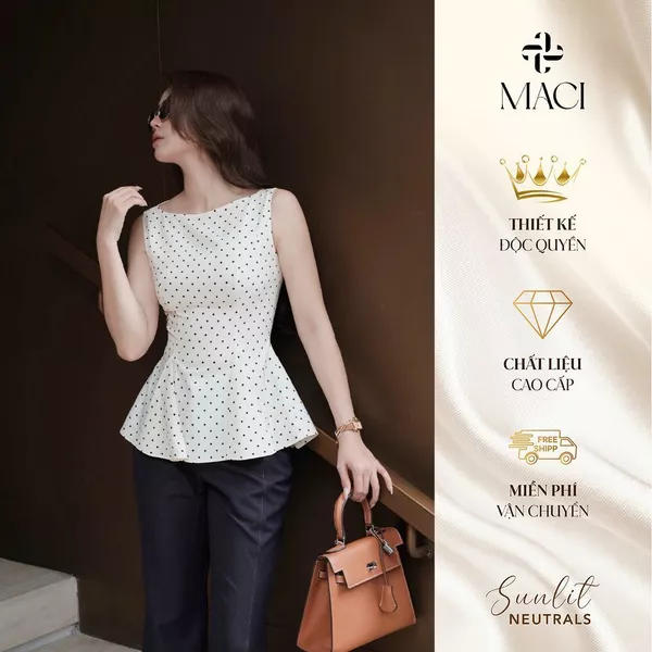 Áo Peplum Cổ Thuyền Chấm Bi Nhỏ Chất Chéo Thái MACI MCAGLBE0315 Thời Trang Nữ Thiết Kế Độc Quyền
