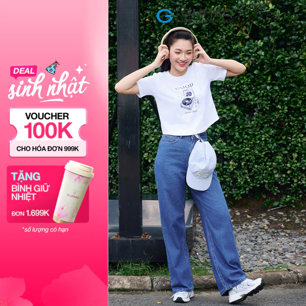 Quần Jean Nữ Gmorning - GUMAC Ống Rộng Màu Xanh Cơ Bản Túi Hàm Ếch Túi Đắp Sau Nút Logo YQJF10001