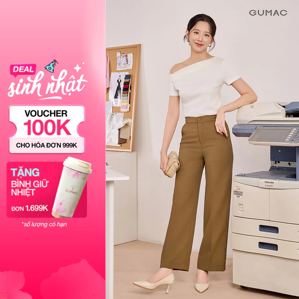Quần tây nữ GUMAC ống suông đen nâu lưng phối dây khoen tôn dáng  QF08024