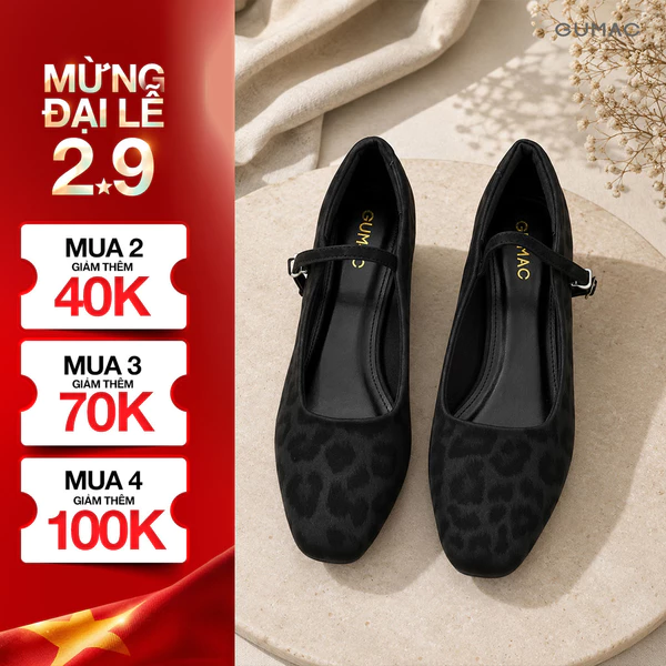 Giày Cao Gót Nữ GUMAC Mũi Vuông Gót Vuông 4cm Đai Ngang Đính Phụ Kiện Kim Loại Da PU Họa Tiết Da Beo Thời Trang GG07011