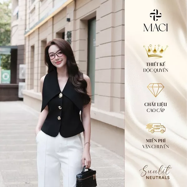 Áo Gile Cổ Nhạn Phối Khuy Vàng Cách Điệu MACI MCAGLDE0107 Thời Trang Nữ Thiết Kế Độc Quyền