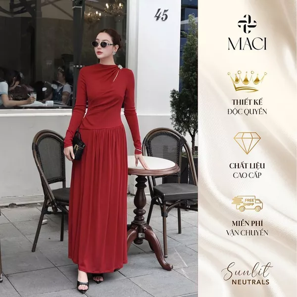 Đầm Liền Nhún Eo Dài Tay Chất Thun Hàn Đen / Đỏ MACI MCVVADO0193 Thời Trang Nữ Thiết Kế Độc Quyền
