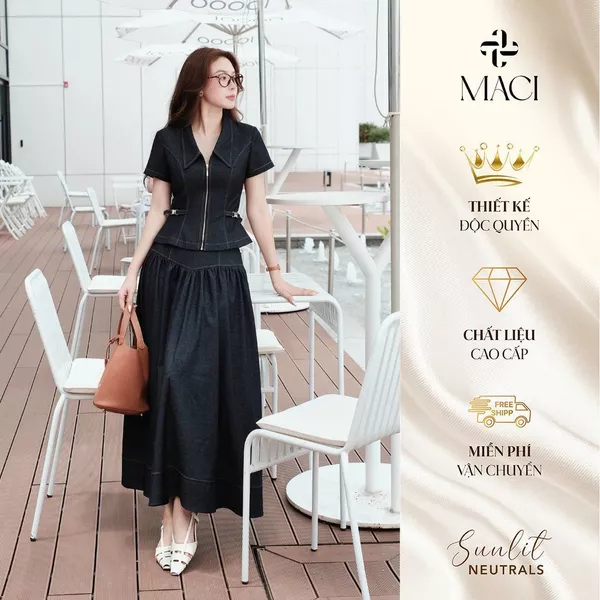 Chân Váy Denim Xoè Nhún Li Diễu Chỉ MACI MCVCVXD0366 Thời Trang Nữ Thiết Kế Độc Quyền