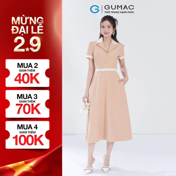Đầm Nữ GUMAC Form A Cổ Danton Phối Viền Trắng Thanh Lịch Chất Cotton Xẹc Mềm Mát DF06012