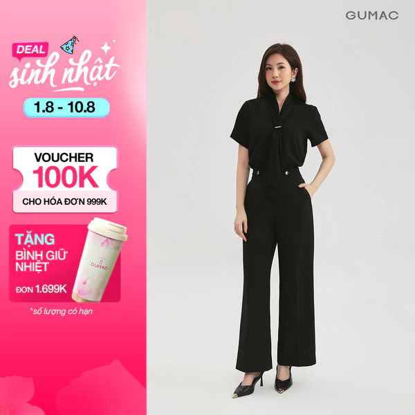 Quần Tây Nữ GUMAC Form Ống Thẳng 28cm Tôn Dáng Lưng Cao Phối Nút Kim Loại Thanh Lịch QG03020