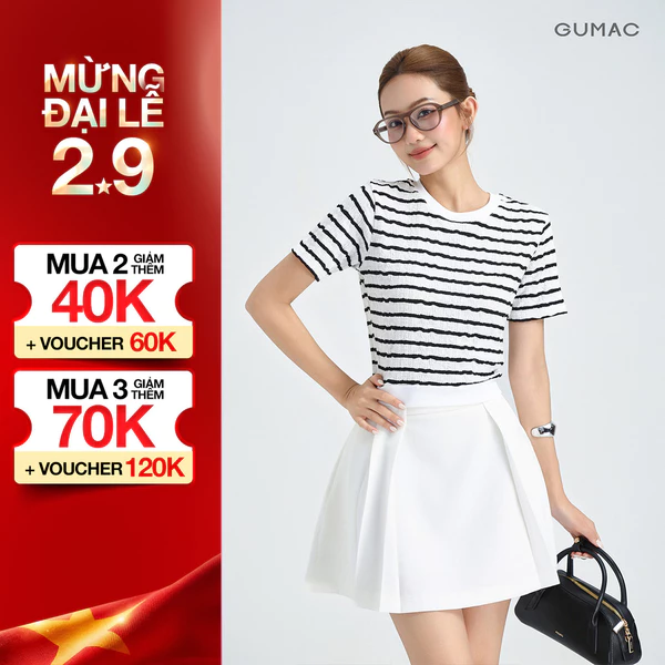 Áo Thun Nữ GUMAC Áo Phông Kiểu Kẻ Sọc Ngang Dáng Ngắn Bo Eo Co Giãn Mềm Mát LATF0514