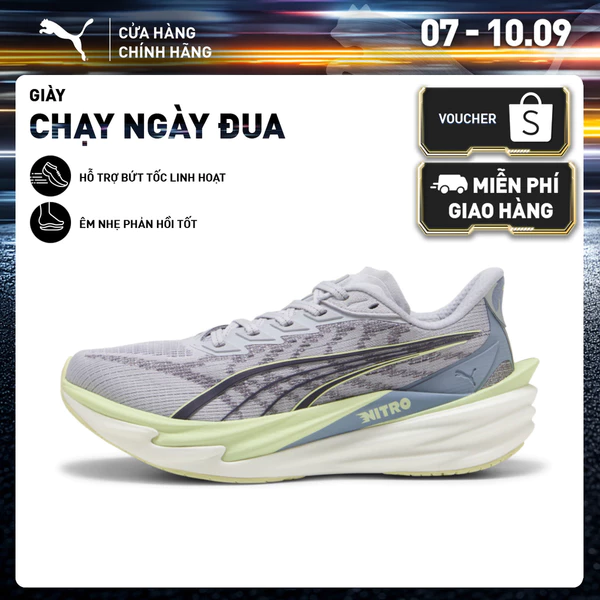 Giày Chạy Bộ PUMA Nữ Deviate NITRO 4 Wns Vibrant Silver-Apple Spritz Màu Xám