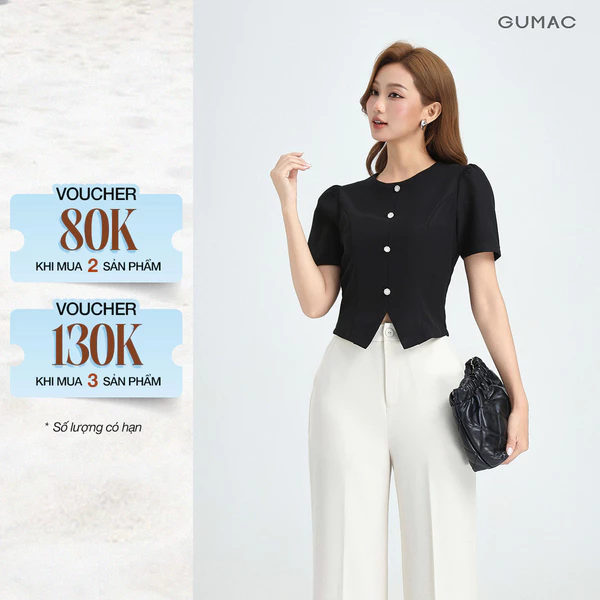[NHẬP MÃ AFFTHAG GIẢM 99K] Áo Kiểu Nữ GUMAC Áo Kiểu Lửng Công Sở Xẻ V Đính Nút Tôn Dáng Sang Trọng Vải Chéo Ý LAG0414