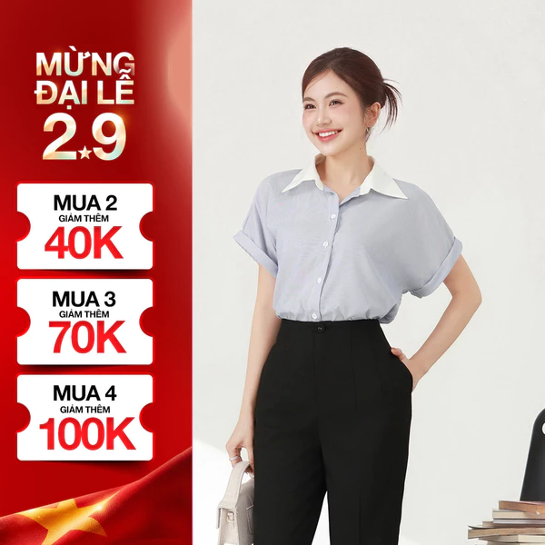 Áo Sơ Mi Nữ GUMAC Áo Kiểu Công Sở Kẻ Sọc Xanh Tay Ngắn Chất Cotton Thiết Kế Phối Cổ Trẻ Trung LAF0322