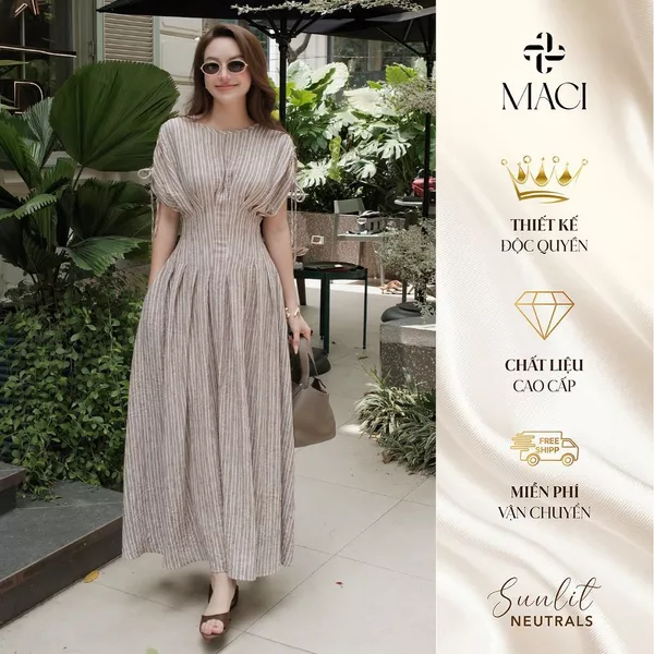 Đầm Dài Chiết Eo Tay Dơi Rút Dây Điều Chỉnh Chất Linen Kẻ MACI MCVVAKE0382 Thời Trang Nữ Thiết Kế