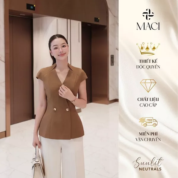 Áo Vest Tay Hến Cổ V Cách Điệu Màu Nâu Bò Chất Chéo Thái MACI MCAAVNA0357 Thời Trang Nữ Thiết Kế