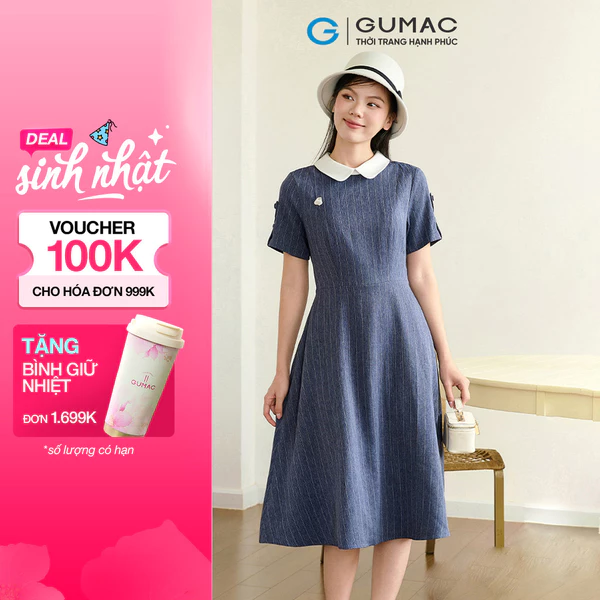 Đầm nữ GUMAC phối cổ đính nút  DF11002