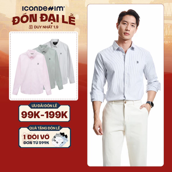Áo sơ mi nam oxford tay dài ICONDENIM, họa tiết sọc palewave logo thêu tạo điểm nhấn, form slimfit tôn dáng SMID0145