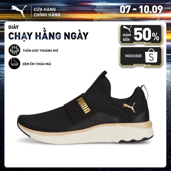 Giày Chạy Bộ PUMA Nữ Softride Sophia Slip-On Wn's Black-Gold-Warm White Màu Đen