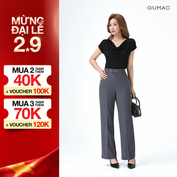 Quần Ống Suông Nữ 99cm GUMAC Quần Tây Công Sở Lưng Cao Cài Quai Dê Chất Tuyết Mưa Cạp Cao LQE1241