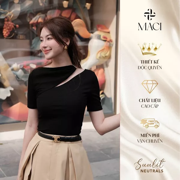 Áo Thun Tăm Hàn Cổ Cách Điệu Thanh Lịch Màu Be Tiêu / Đen MACI MCAATBE0274 Thời Trang Nữ