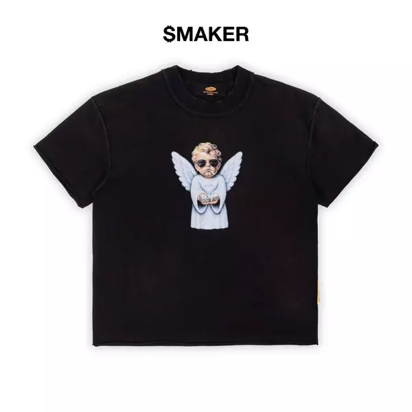 [SMAKER] Áo thun in hình thiên thần màu đen 100% cotton washed - LONELY ANGEL WASHED TEE IN BLACK
