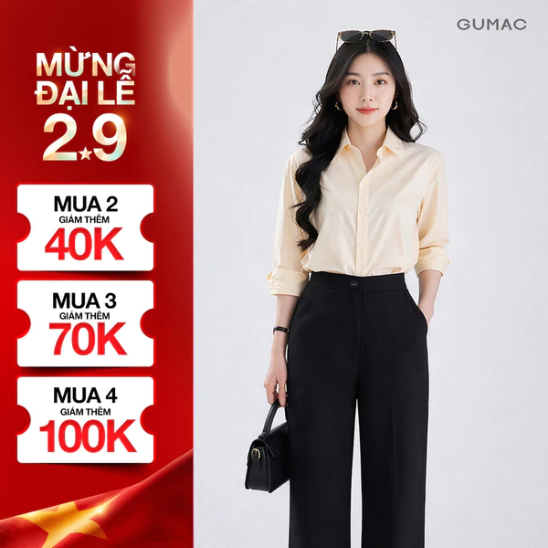 [SALE] Áo sơ mi nữ Gmorning - GUMAC tay dài rộng thêu chữ sau áo si xịn thoáng mát  YAE12085