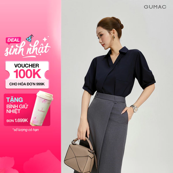 Áo Sơ Mi Nữ GUMAC Form Suông Cổ V Nẹp Đắp Chéo Tôn Dáng Nữ Tính AG04018