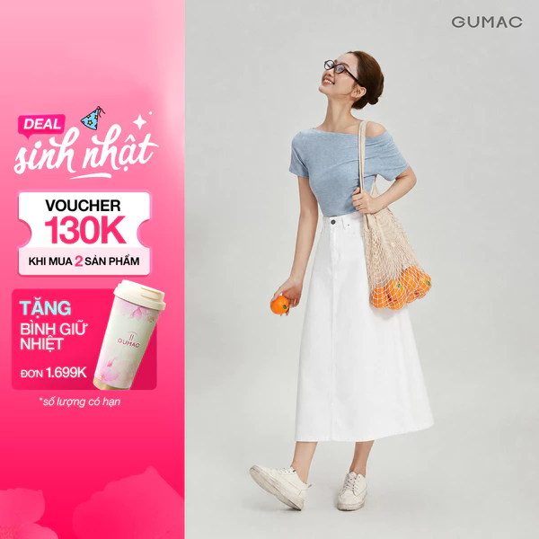 Chân Váy Jeans Nữ GUMAC Form A Dài Qua Gối Thanh Lịch Tôn Dáng Hiện Đại LVG06046
