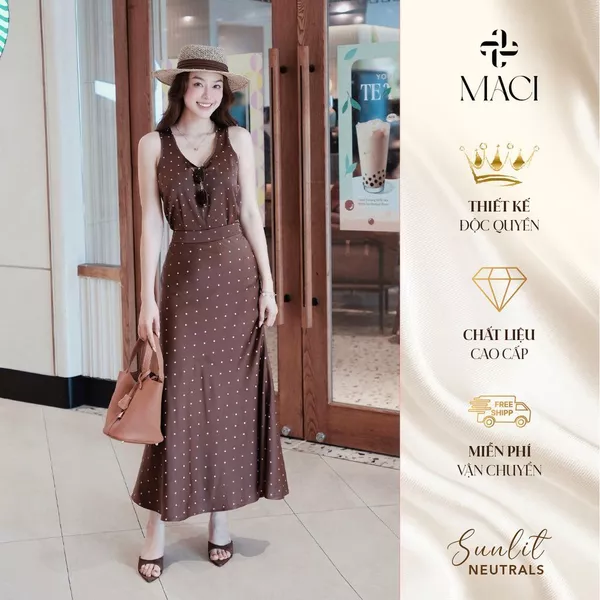 Chân Váy Lụa Dáng Đuôi Cá Chấm Bi Nâu MACI MCVCVNA0362 Thời Trang Nữ Thiết Kế Độc Quyền