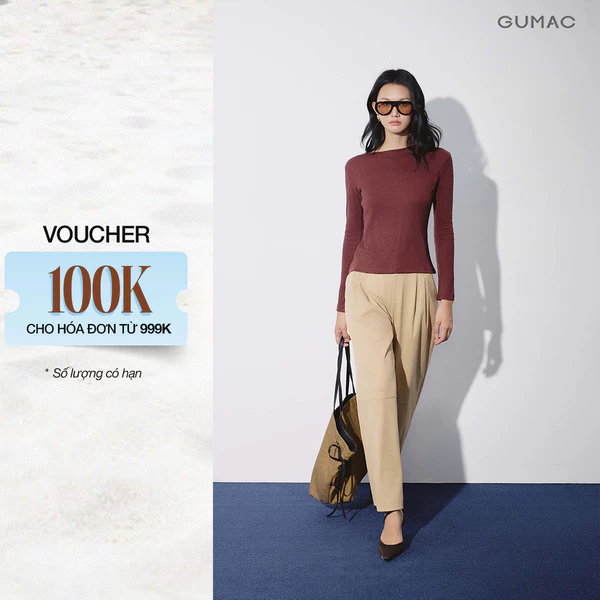 Quần Kaki Nữ Gmorning - GUMAC Form Suông Rộng Xếp 2 Ly Lưng Thun Túi Xéo Thêu Chữ YQJG10160