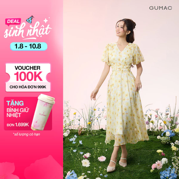 Đầm Maxi Hoa GUMAC Cổ V Đính Nút Tay Bí Xòe Chất Tơ Xược 2 Lớp Nữ Tính Thanh Lịch DG07088