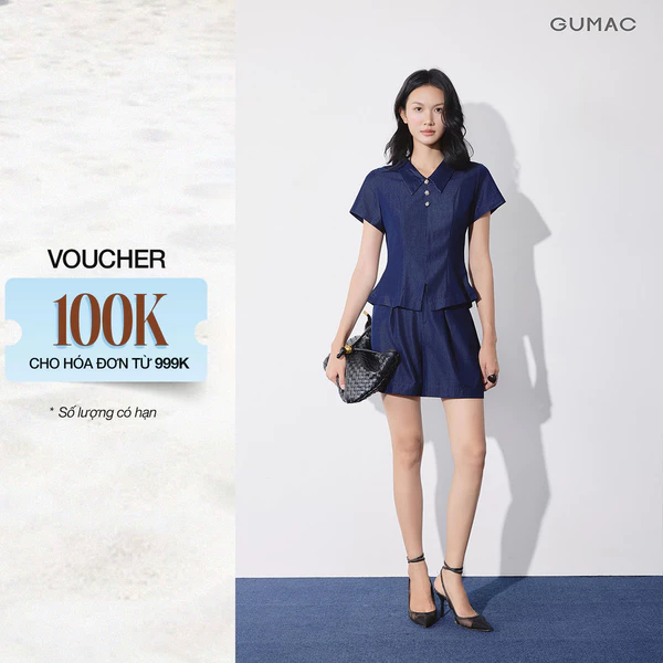 Set lẻ Áo Peplum Nữ GUMAC Tay Ngắn Đính Nút Kim Loại AG08054 - Quần Short Nữ GUMAC Form A Lưng Rời Túi Xéo SHG08055