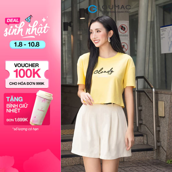Áo thun nữ GUMAC màu vàng - trắng form lửng ôm nhẹ thêu đắp viền cloudy cotton  ATF04022