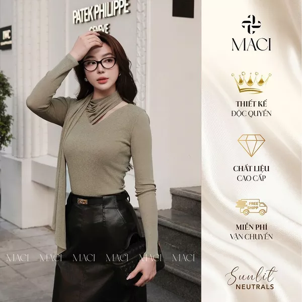 Áo Thun Tằm 2 Lớp Thiết Kế Cổ Drape Màu Xanh Olive MACI MCAATRE0233 Thời Trang Nữ Thiết Kế Độc Quyền