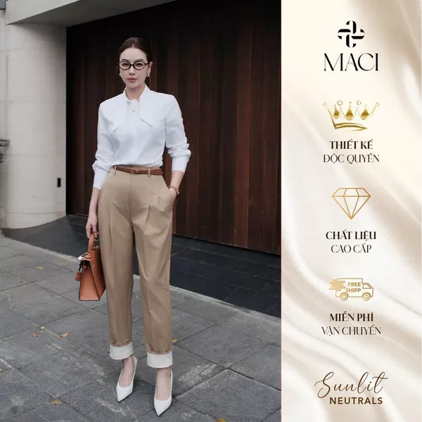 Quần Baggy Kaki Đáp Gấu Trắng Thanh Lịch MACI MCQQTBE0279 Thời Trang Nữ Thiết Kế Độc Quyền