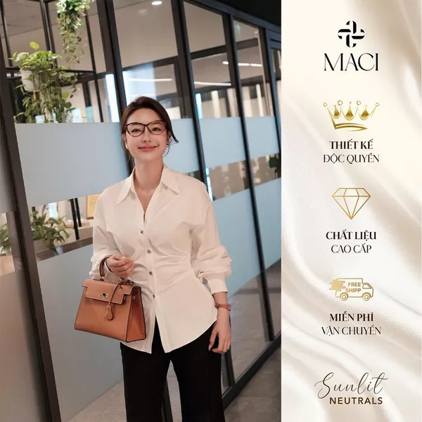 Áo Sơ Mi Trắng Nhún Eo Dài Tay Khuy Titan Chất Bamboo Hàn MACI MCASMTR0340 Thời Trang Nữ Thiết Kế