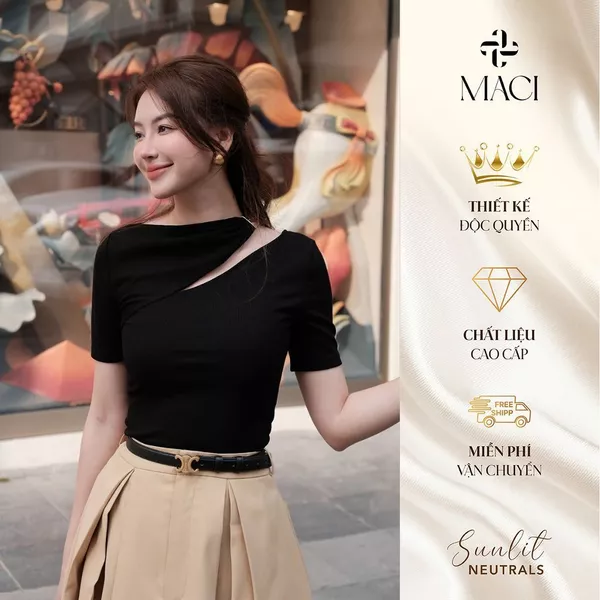 Áo Thun Tăm Hàn Cổ Cách Điệu Thanh Lịch Màu Be Tiêu / Đen MACI MCAATBE0274 Thời Trang Nữ