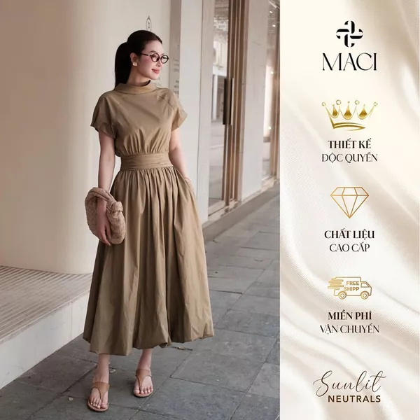 Đầm Bí Chất Thô Hàn Màu Be Nâu Thanh Lịch MACI MCVVAVA0293 Thời Trang Nữ Thiết Kế Độc Quyền