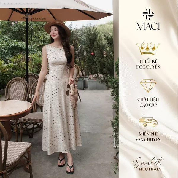 Đầm Lụa Chấm Bi Màu Kem Cổ Thuyền 2 Lớp MACI MCVVATR0307 Thời Trang Nữ Thiết Kế Độc Quyền