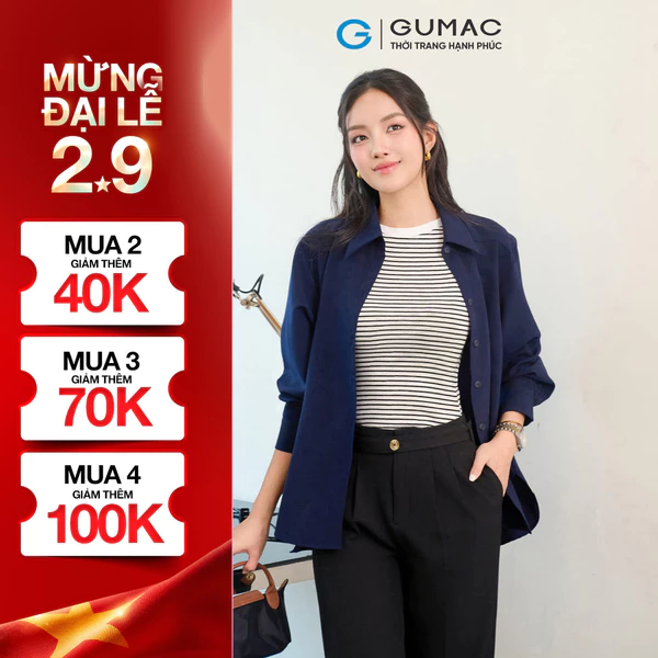 Áo Sơ Mi Nữ Tay Dài GUMAC Form Suông Vai Xệ Chất Kaki Thun Mềm Mát Công Sở AF07031